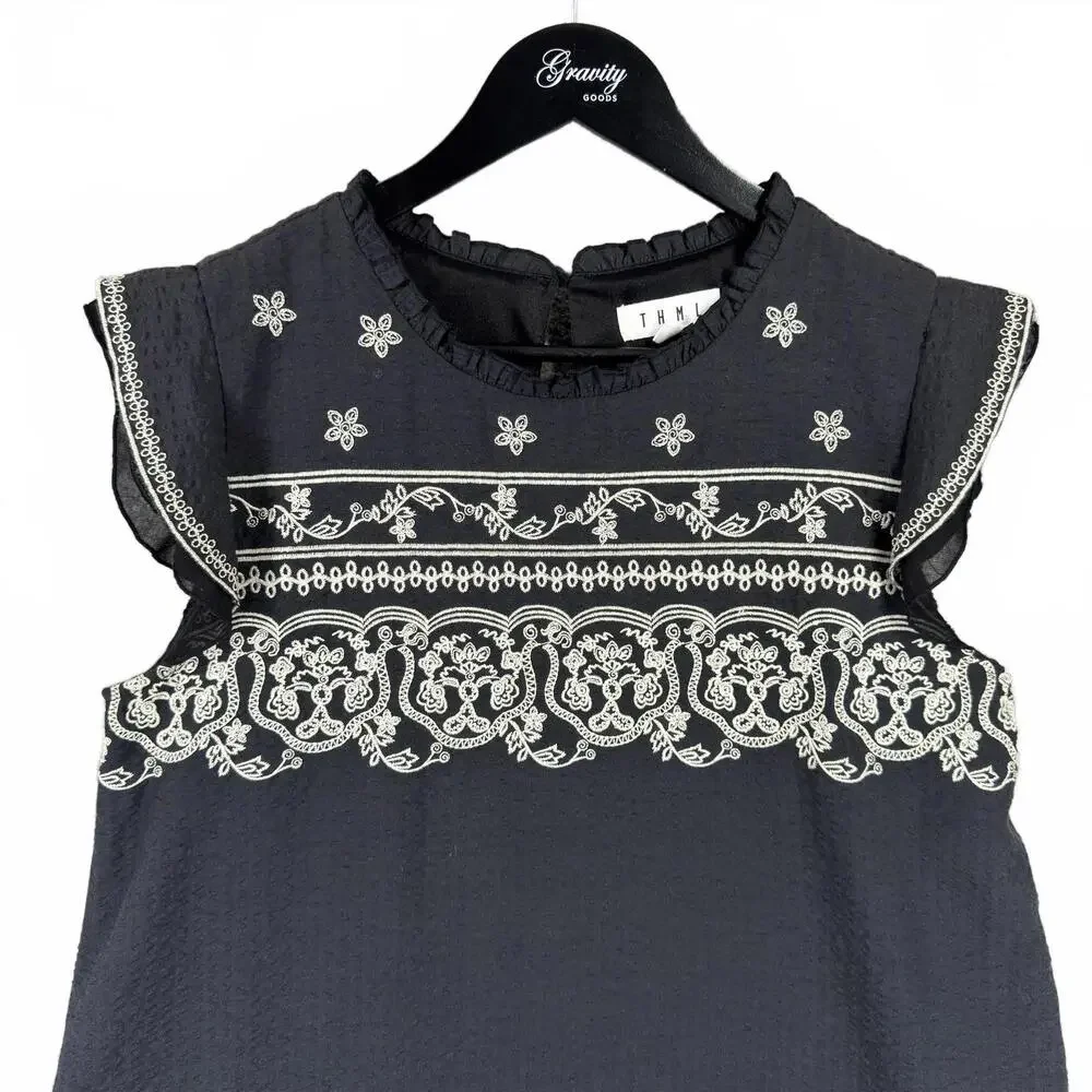 THML Black Embroidered Sleeveless Mini Dress Tunic‎ Ornate Boho Lined Sz Medium